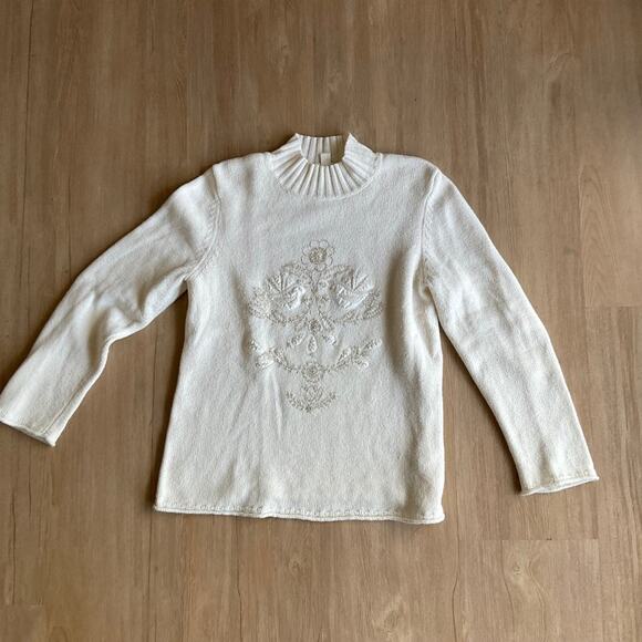 Coldwater Creek Embroidered Doves Sweater cream white mock neck angora ivory M - Picture 2 of 10